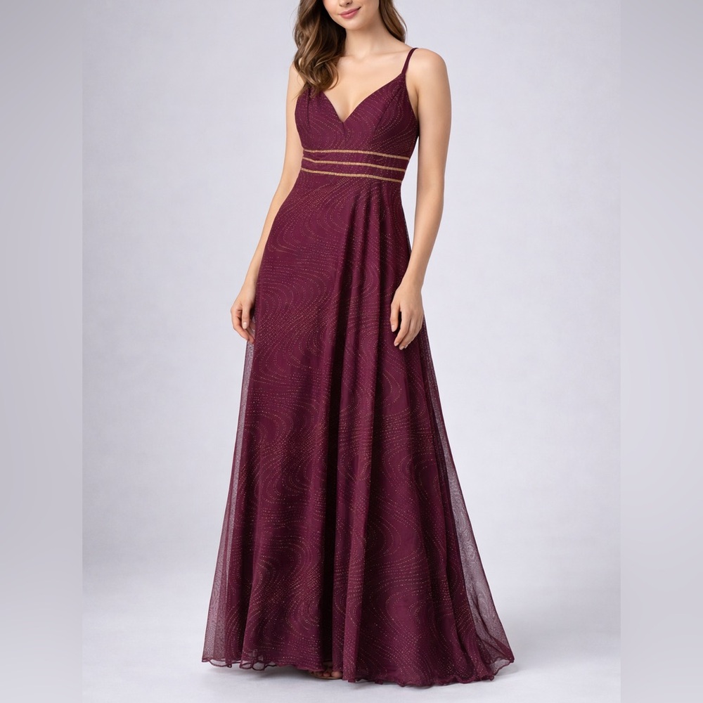 🆕✨ Xtraordinary Burgundy Wine Gold Maxi Dress Size 11 Evening Gown Long Flowy